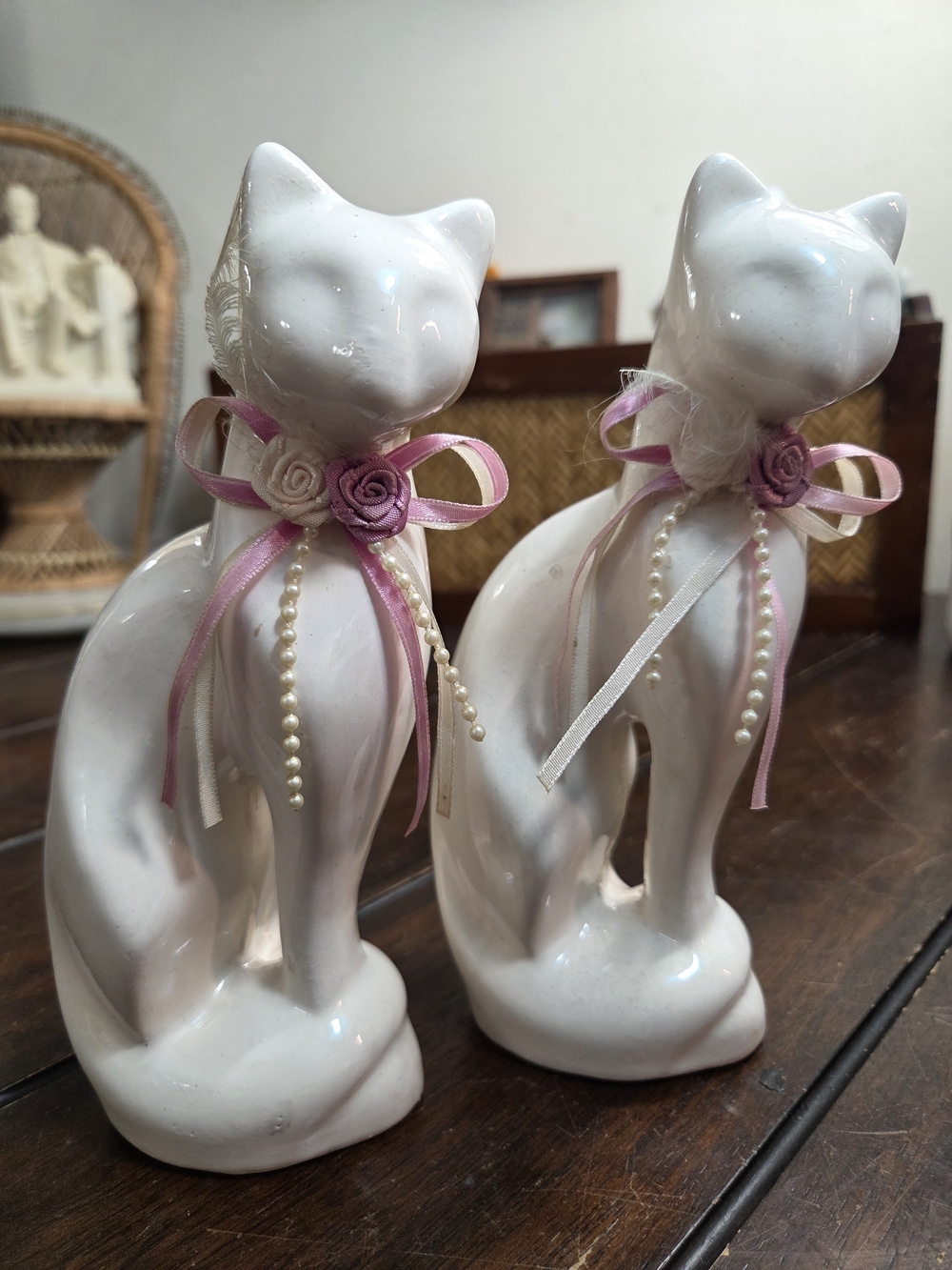 Vintage Mid-century Ceramic White Cat Figurines Set of 2